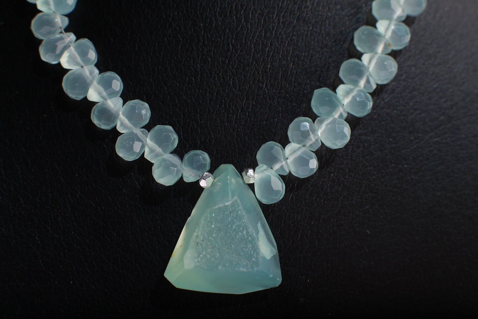 Natural Chalcedony Briolette Faceted Drop Accent with Stunning Chalcedony Raw Druzy Geode Pendant, 17&quot; Rhodium Necklace 2&quot; Extension Chain
