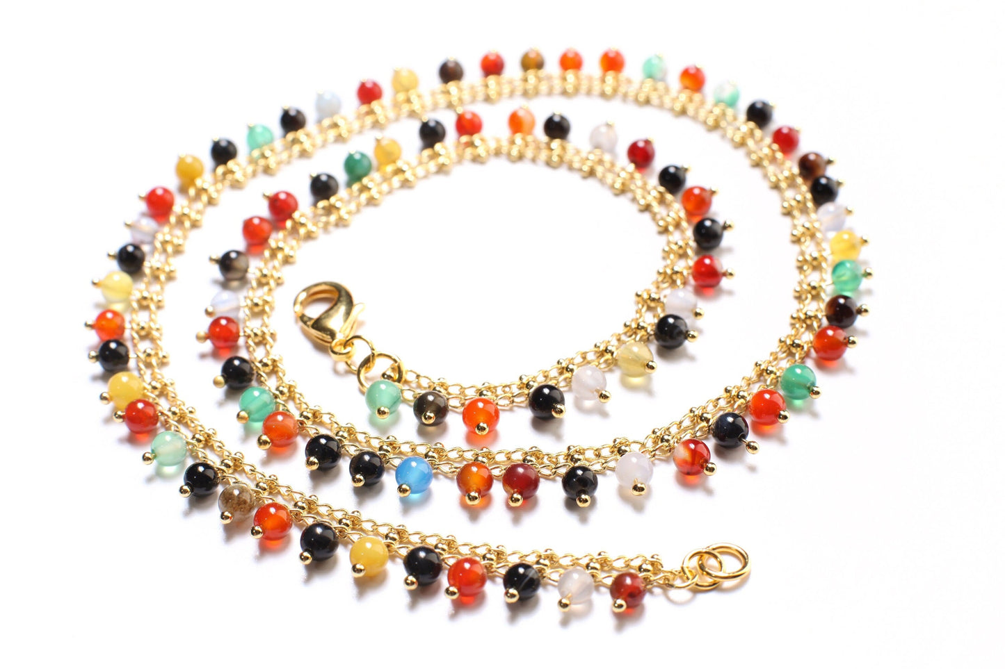 Natural multi gemstone Carnelian,Green Onyx,Blue Agate, Honey Jade, Black Onyx,Chalcedony Gemstones Dangling Gold Rosary Chain Necklace