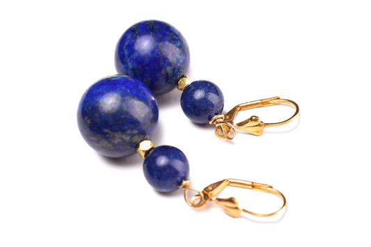 Lapis Lazuli Smooth Round 16mm Wire Wrapped with Bali Gold Faceted Spacer Silver, Gold Leverback Earrings