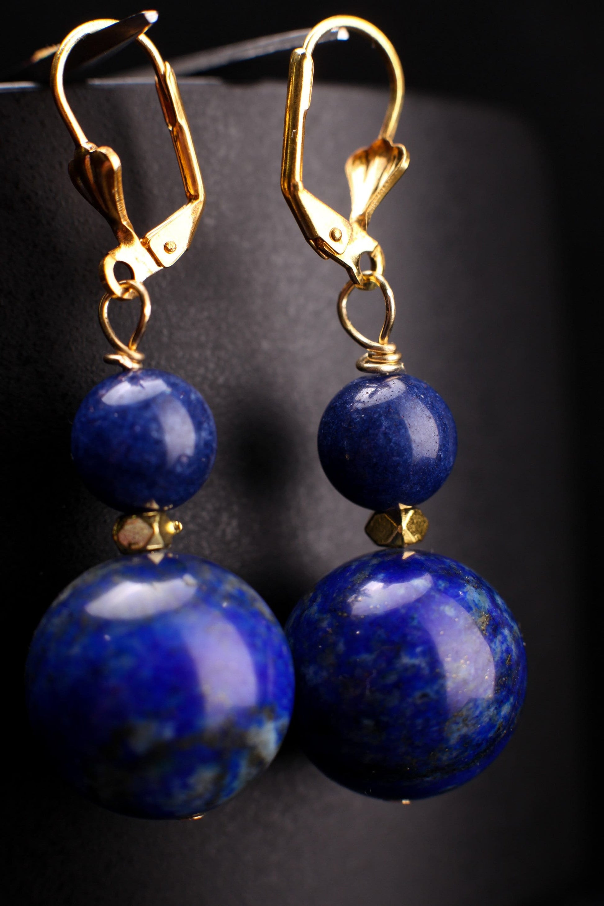 Lapis Lazuli Smooth Round 16mm Wire Wrapped with Bali Gold Faceted Spacer Silver, Gold Leverback Earrings