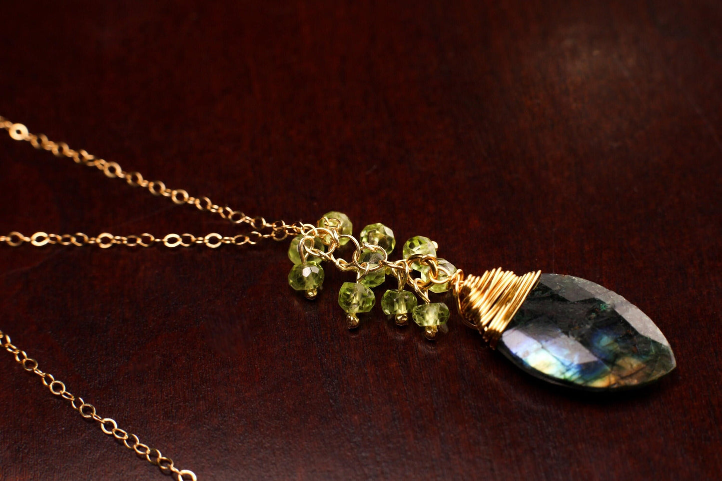 Labradorite Blue Green Flash Faceted Marquise cut Drop 13x24mm, Wire Wrapped Faceted 4mm Peridot Clusters in 14K Gold Filled Clasp and Chain