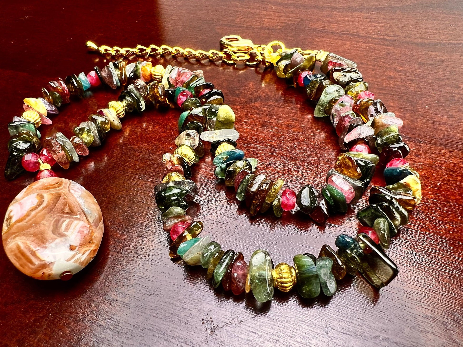 Natural Rhodochrosite 18x25mm Oval pendant, Multi Tourmaline raw nugget chips, Gold Necklace 16" with 2" Extension Chain healing energy gif