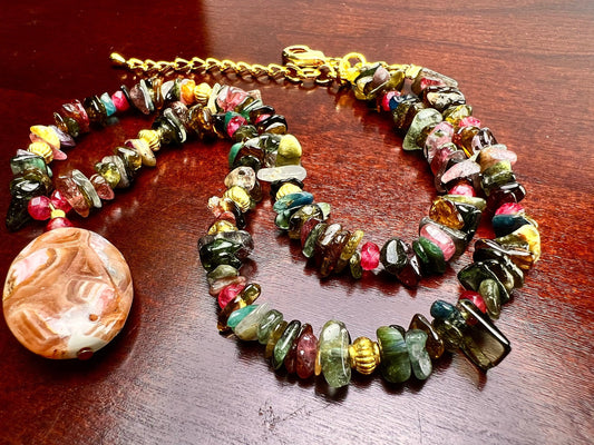 Natural Rhodochrosite 18x25mm Oval pendant, Multi Tourmaline raw nugget chips, Gold Necklace 16" with 2" Extension Chain healing energy gif