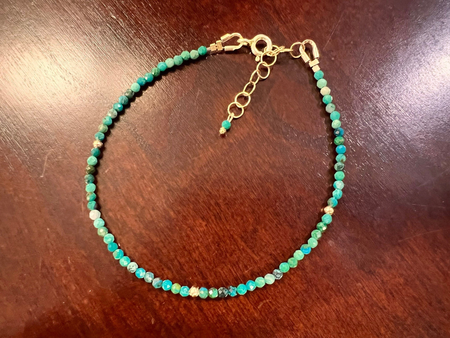 Natural Chrysocolla 2mm micro faceted 14k Gold filled Bracelet with 1” extensions,Precious Gemstones gift .
