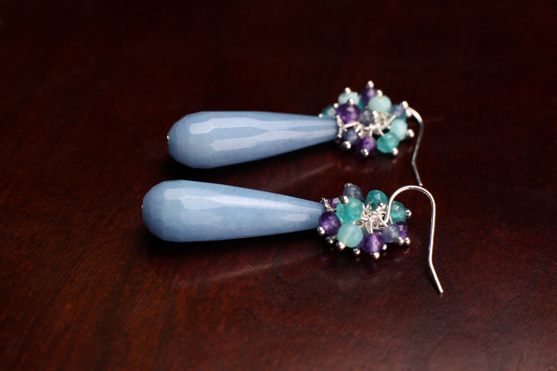 Amethyst, Apatite, Blue Opal, Tanzanite Clusters Dangling with Chalcedony Jade Long Briolette Wire Wrapped in 925 Sterling Silver Ear wire
