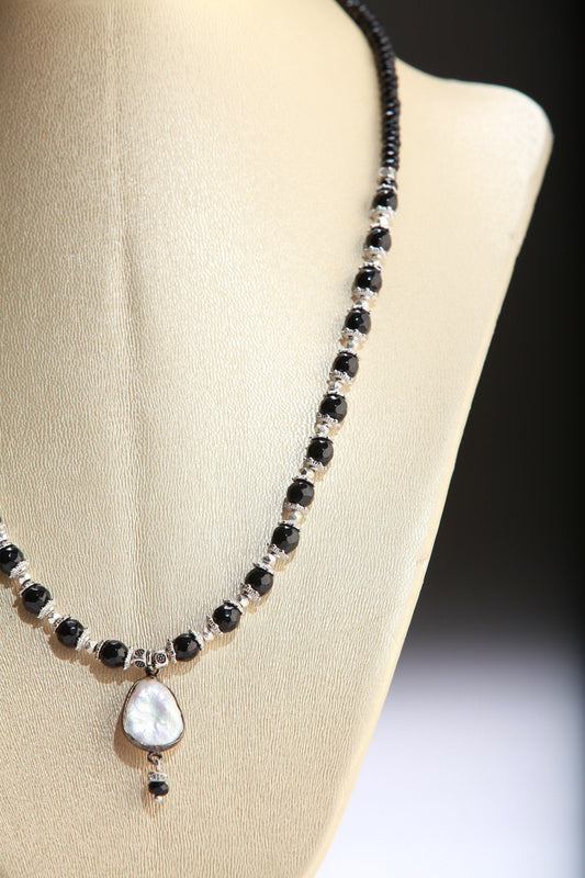 Pearl Necklace Black Onyx Faceted Gemstone Round and Roundel with 13x15mm Freshwater Pearl Centerpiece Teardrop Focal Statement Necklace