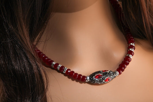 Ruby Jade Faceted Roundel with Rhinestone Oval Crystal Pendant 17.75" Necklace with 2" Extension Chain