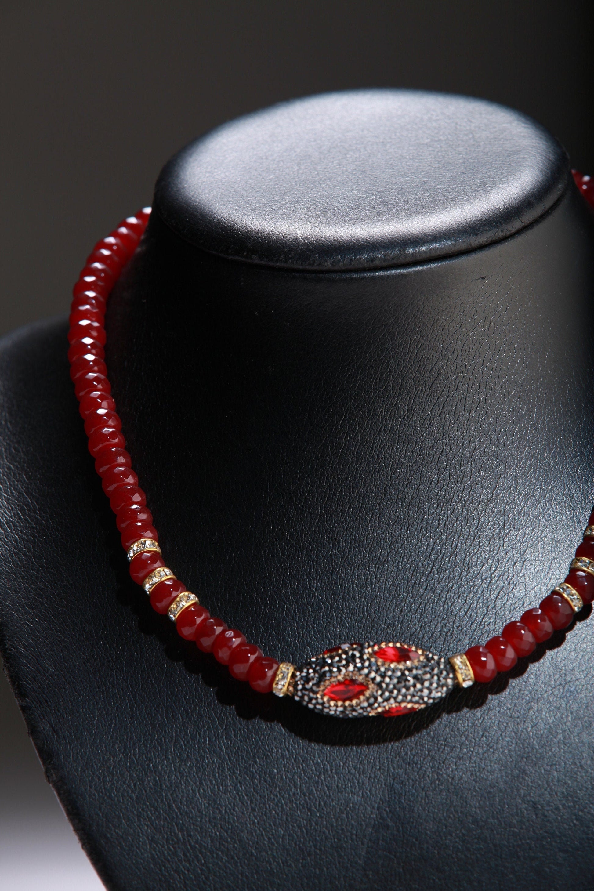 Ruby Jade Faceted Roundel with Rhinestone Oval Crystal Pendant 17.75" Necklace with 2" Extension Chain