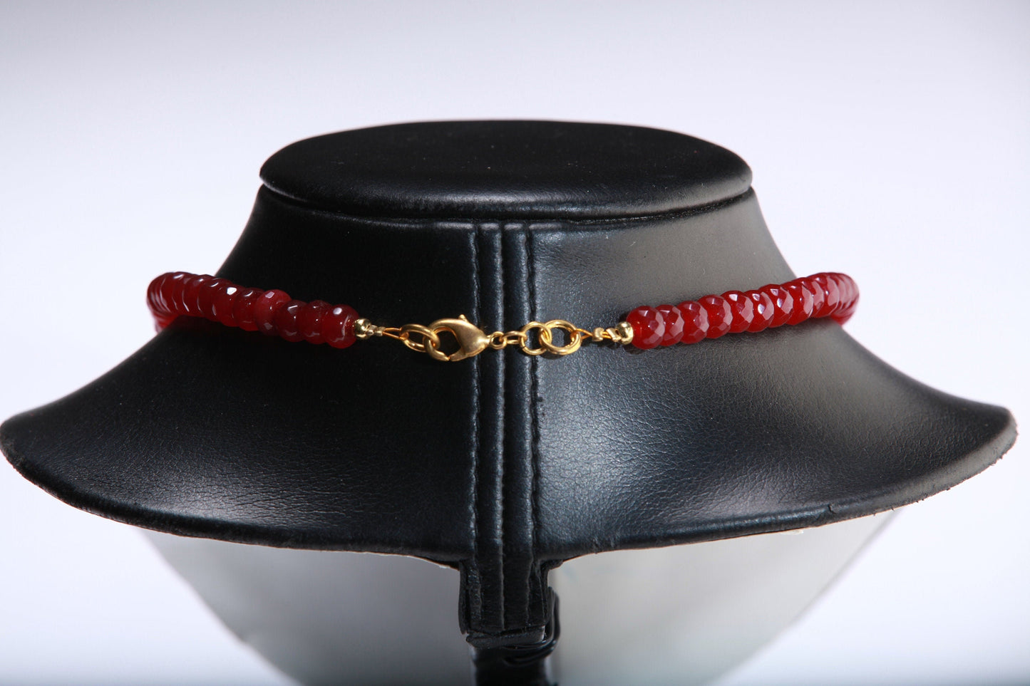 Ruby Jade Faceted Roundel with Rhinestone Oval Crystal Pendant 17.75" Necklace with 2" Extension Chain