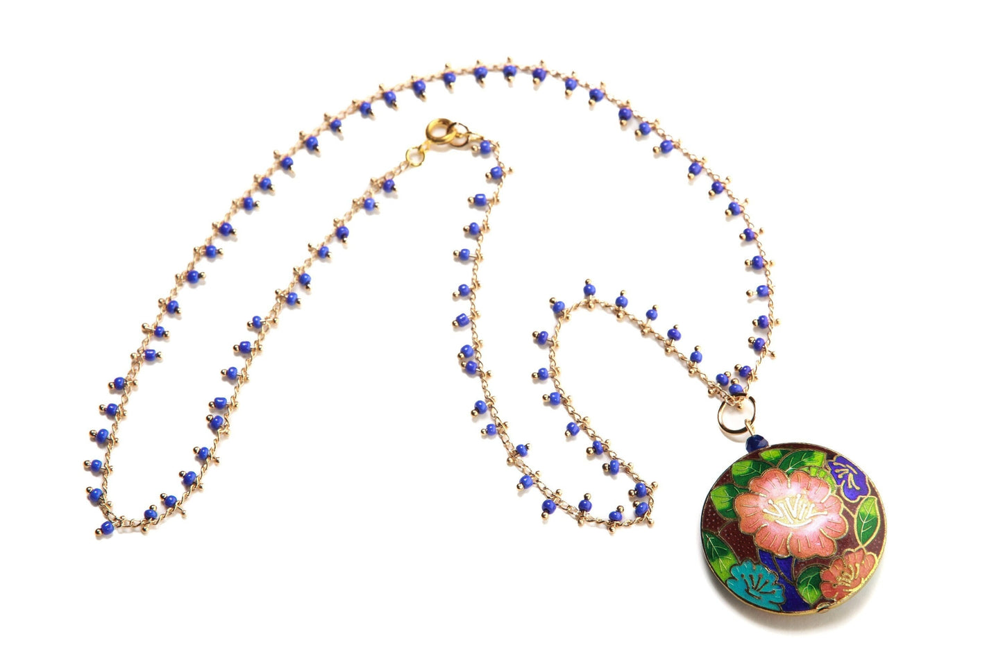 Traditional Cloisonné Pendant Double Sided Vintage Floral Flowers Pink Focal with Beaded Chain Necklace 20&quot;