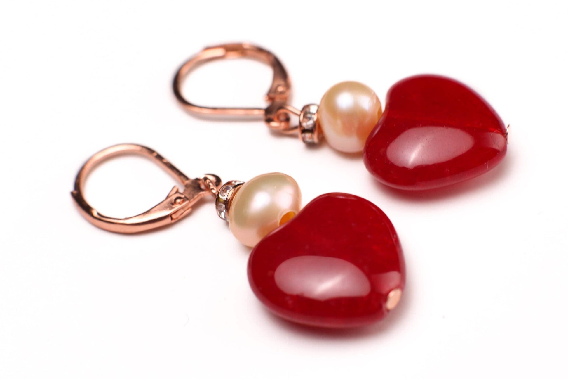 Ruby Jade 15mm Heart, Freshwater Pearl Spacers Dangle Rose Gold Leverback Earrings, Vintage Natural Gemstone Handmade Gift For Her