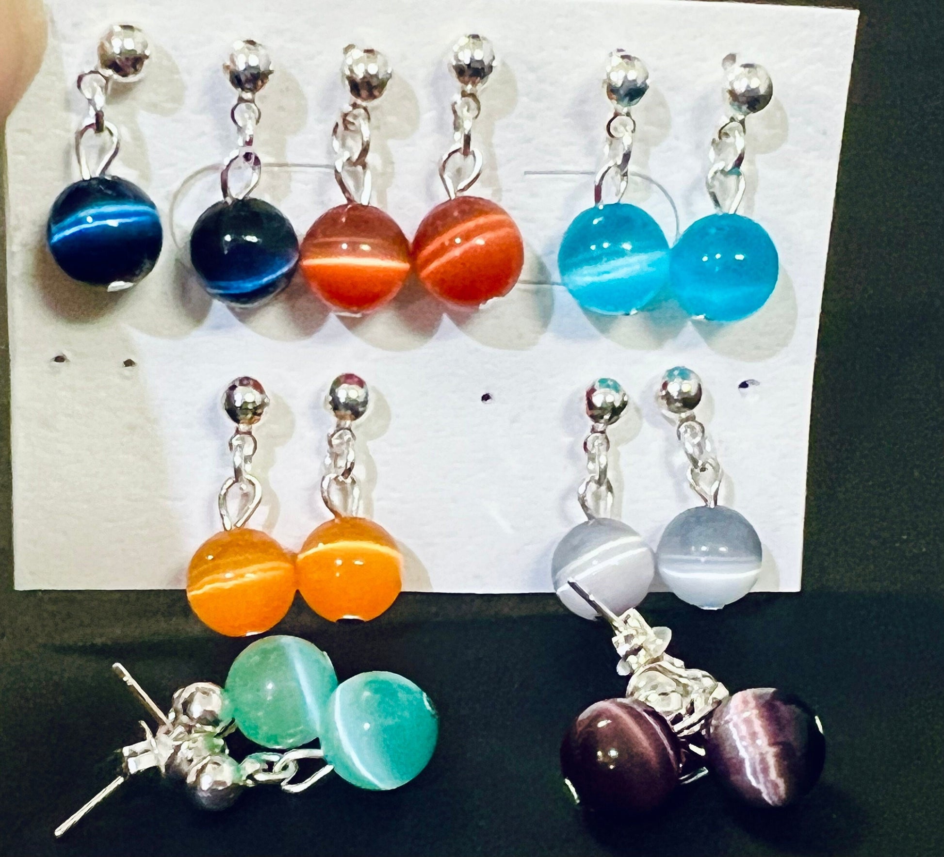 Cat's Eye Ball Post Dangling Earring 8mm Round, Earring Gift Dark Blue, Green, Aqua Blue, Blue , Grey