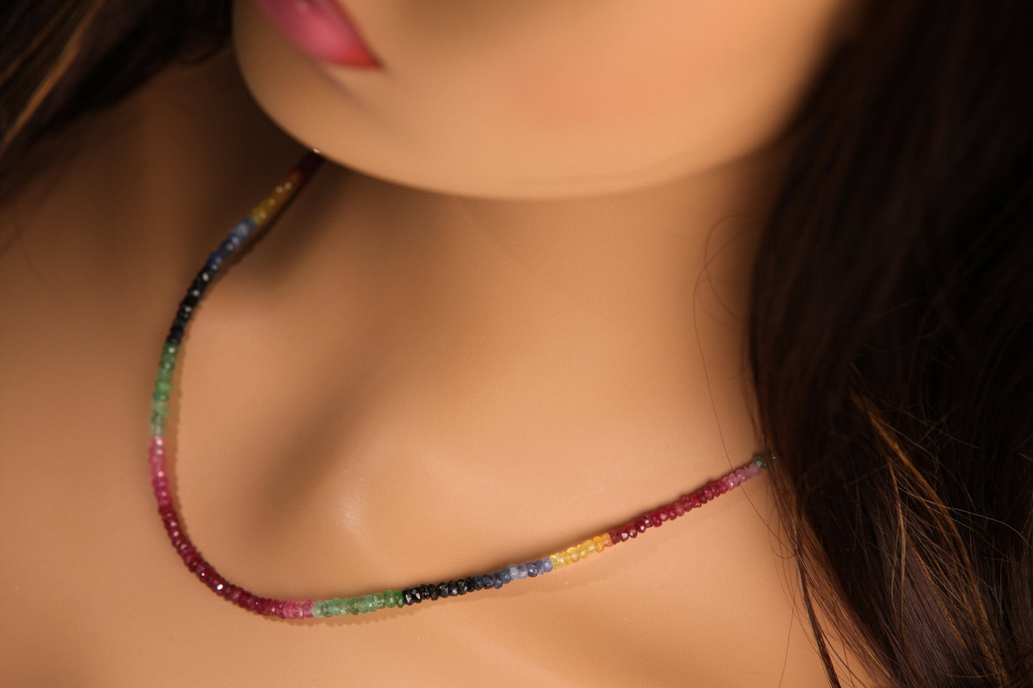 Natural Multi Sapphire, Ruby, Emerald AAA Faceted 3-3.5mm Rondelle Multi Precious Gemstone in 925 Sterling Silver, 14K Gold Filled Necklace