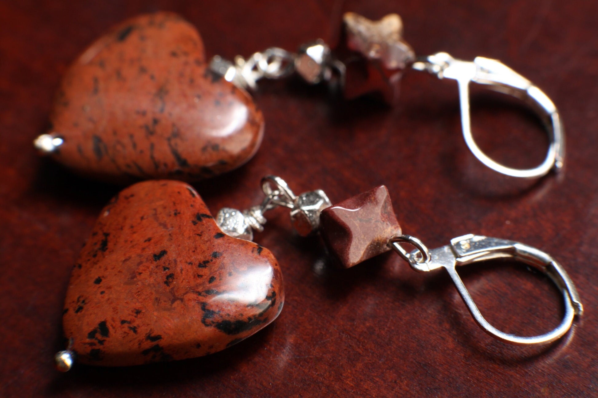 Mahogany Obsidian 20mm Large Heart, accent Poppy Jasper Star on top, Leverback Earrings, Vintage Natural Gemstone Handmade Gift For Her