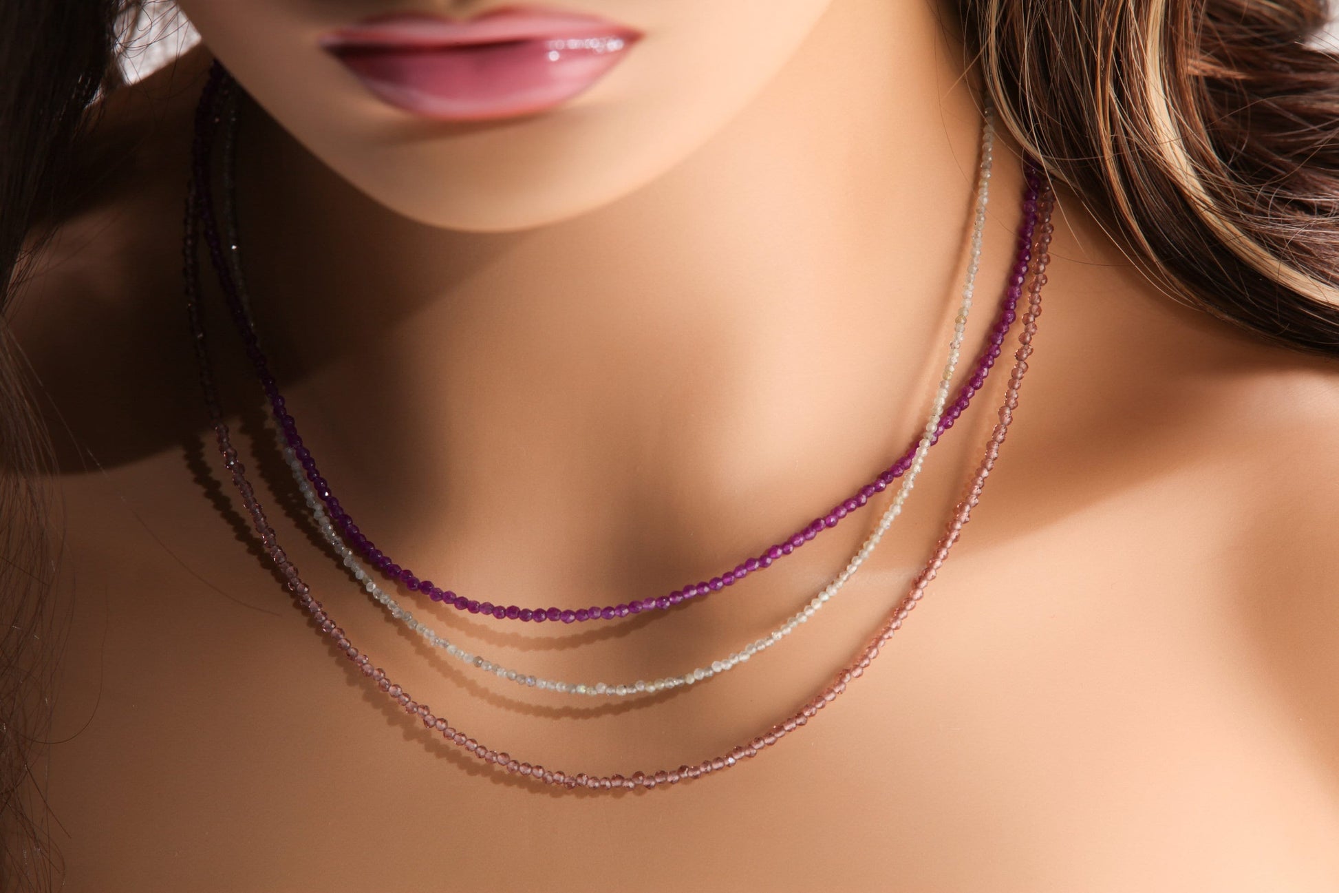 2mm Faceted Purple Amethyst, Labradorite, Pink Amethyst Layering Choker Necklace in 925 Sterling Silver or 14K Gold Filled Clasp