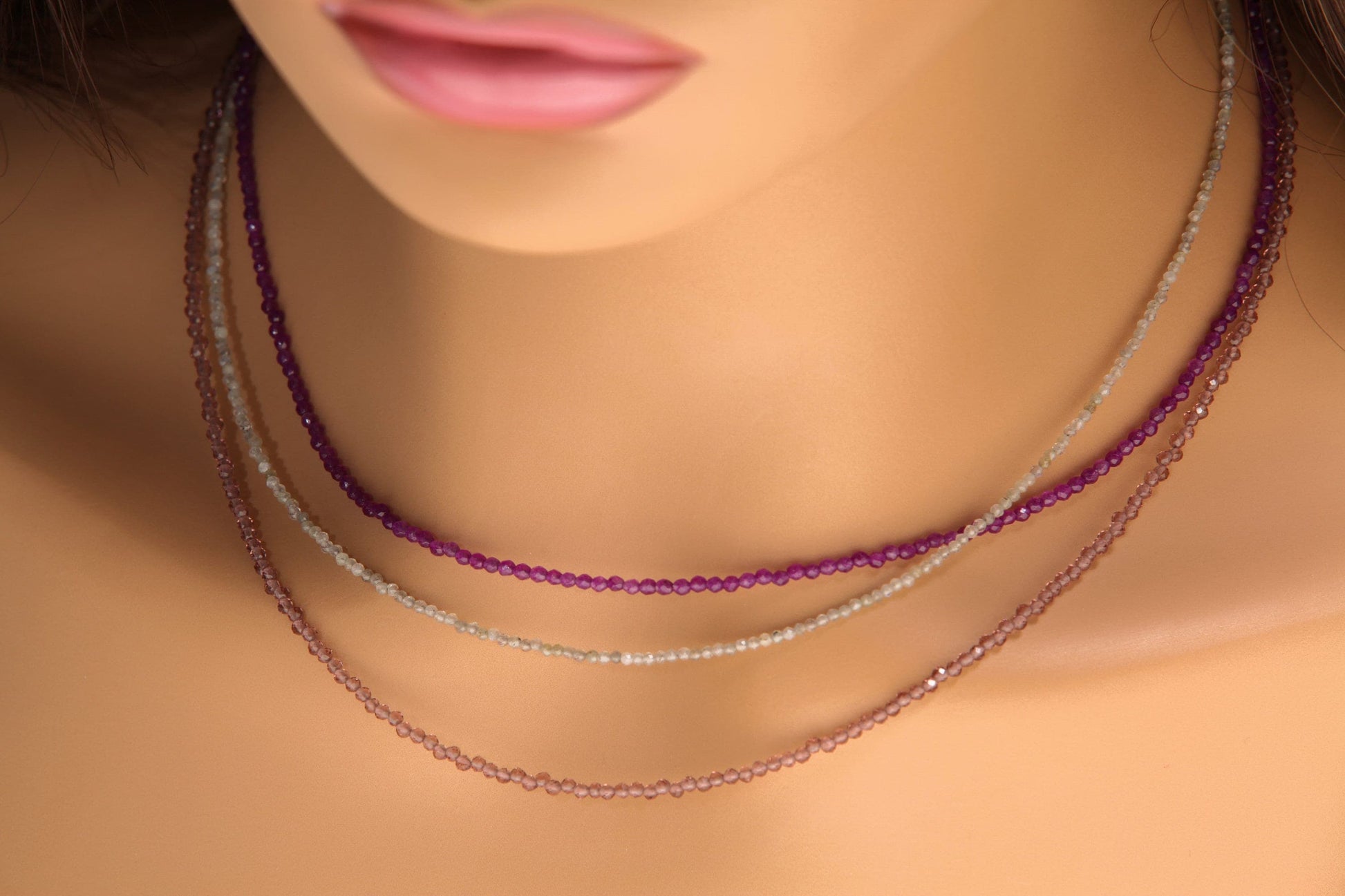 2mm Faceted Purple Amethyst, Labradorite, Pink Amethyst Layering Choker Necklace in 925 Sterling Silver or 14K Gold Filled Clasp