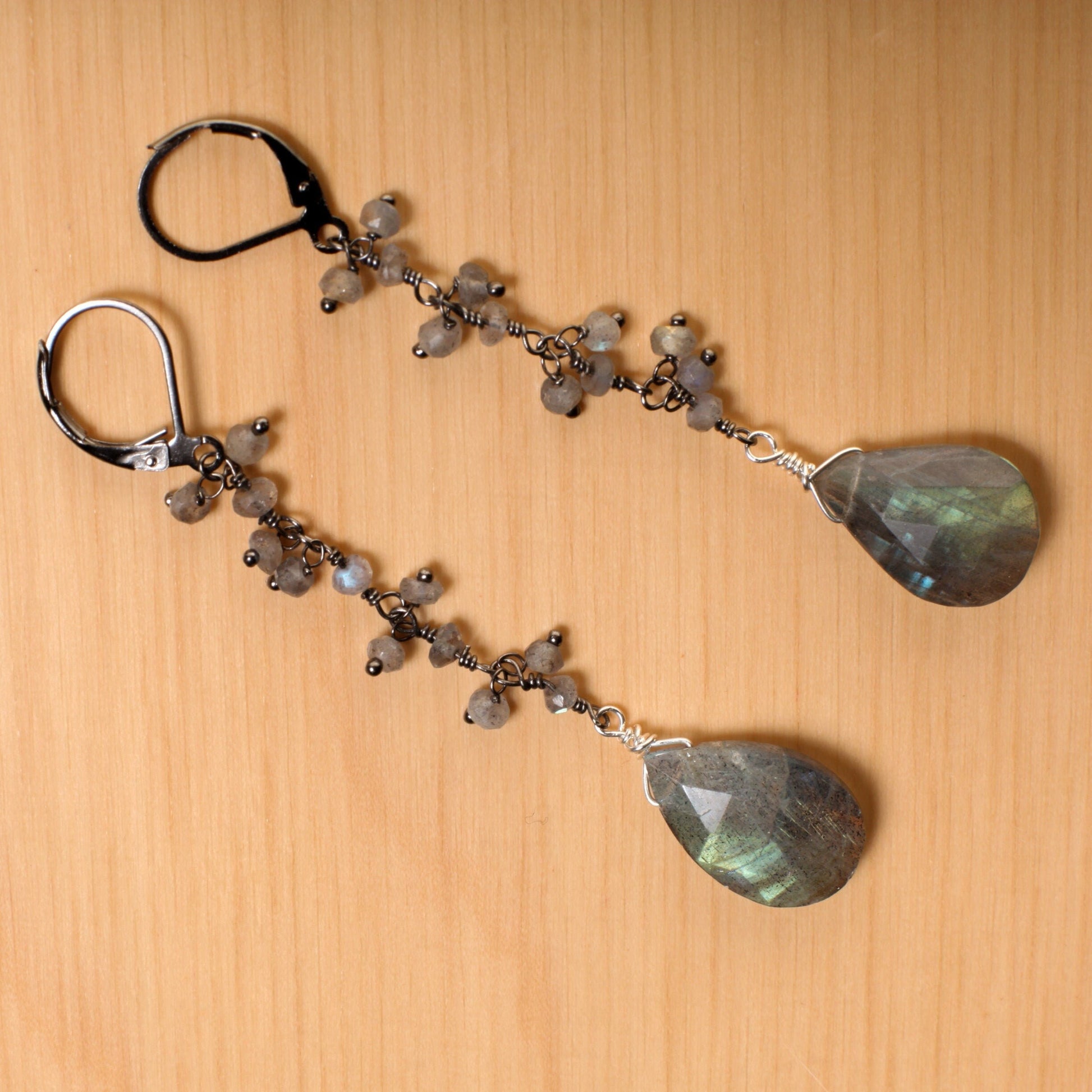 Labradorite Earrings Dangling Oxidized Silver Wire Wrap Faceted Pear Drop with Clusters in Gun Metal Leverback, Boho, Handmade, Gift