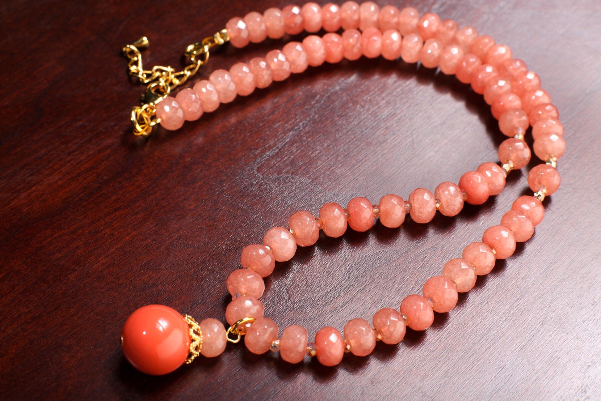 Peach Aventurine Faceted Rondelle Necklace with Salmon South Sea Seashell Pearl Pendant 17.5" Gold Necklace +2" Extension Chain