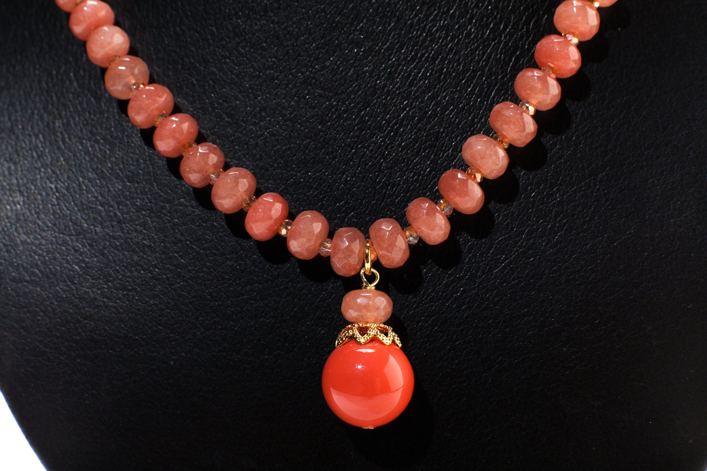 Peach Aventurine Faceted Rondelle Necklace with Salmon South Sea Seashell Pearl Pendant 17.5" Gold Necklace +2" Extension Chain