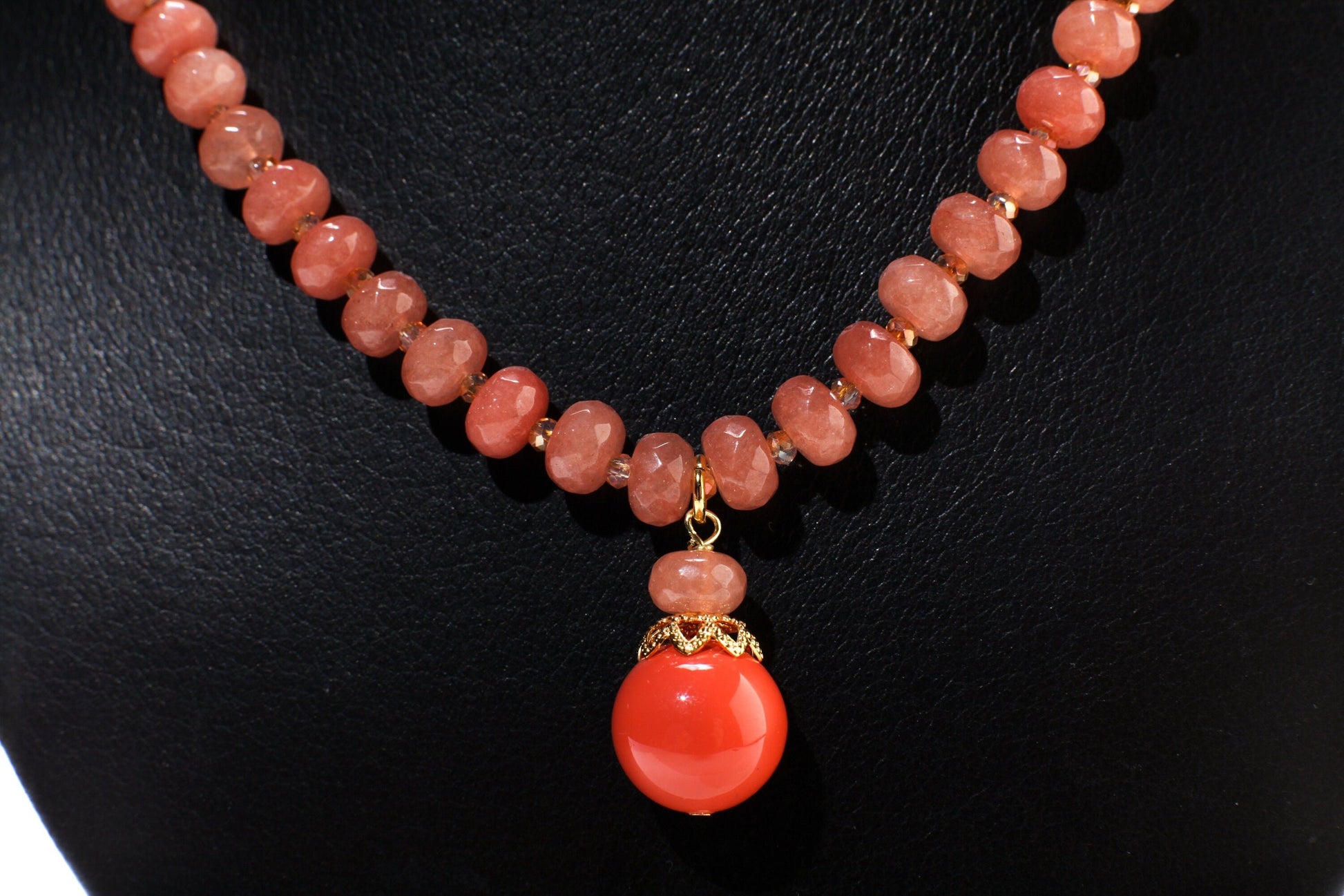 Peach Aventurine Faceted Rondelle Necklace with Salmon South Sea Seashell Pearl Pendant 17.5" Gold Necklace +2" Extension Chain