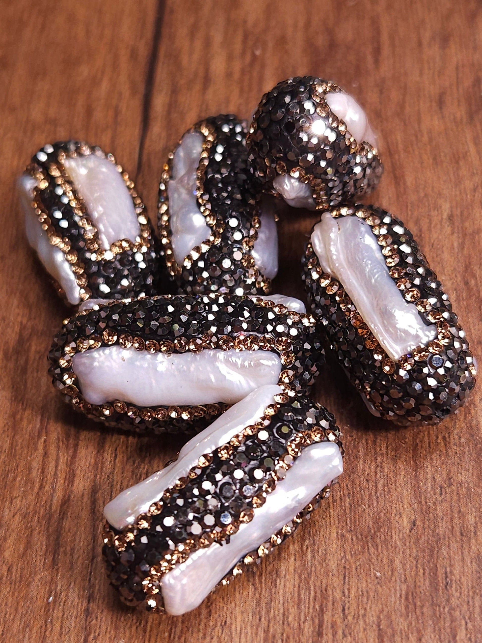 Freshwater Biwa Pearl 3 sided, Multiple Line Inlaid Rhinestone Crystal Handmade Fancy Focal Bead, 26mm Long, 1 pc, Jewelry Making Bling Bead