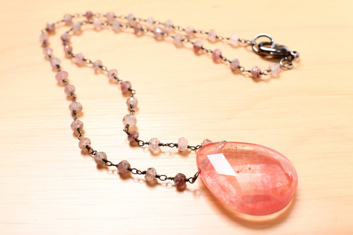 Strawberry Quartz Faceted Pear Drop Pendant in Strawberry Quartz Wire Wrapped Rosary Chain Necklace plus 3&quot; Extension. Gift
