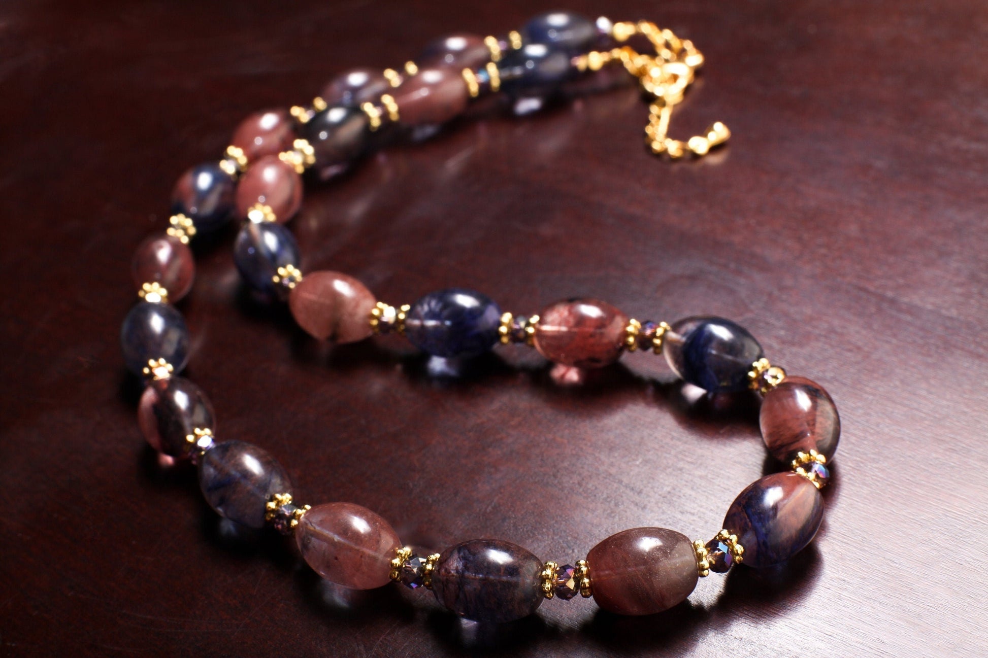 Bi Color Blueberry and Strawberry Quartz Puffed Oval Bali Style Gold Daisy and Crystal Spacers 19" Necklace, 1.5" Extension Chain