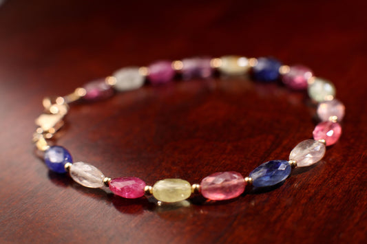 Natural Multi Sapphire 5x7mm Faceted Puffed Oval AAA clear quality Gemstone in 14k Gold Filled spacer and clasp Bracelet. Precious Gift .