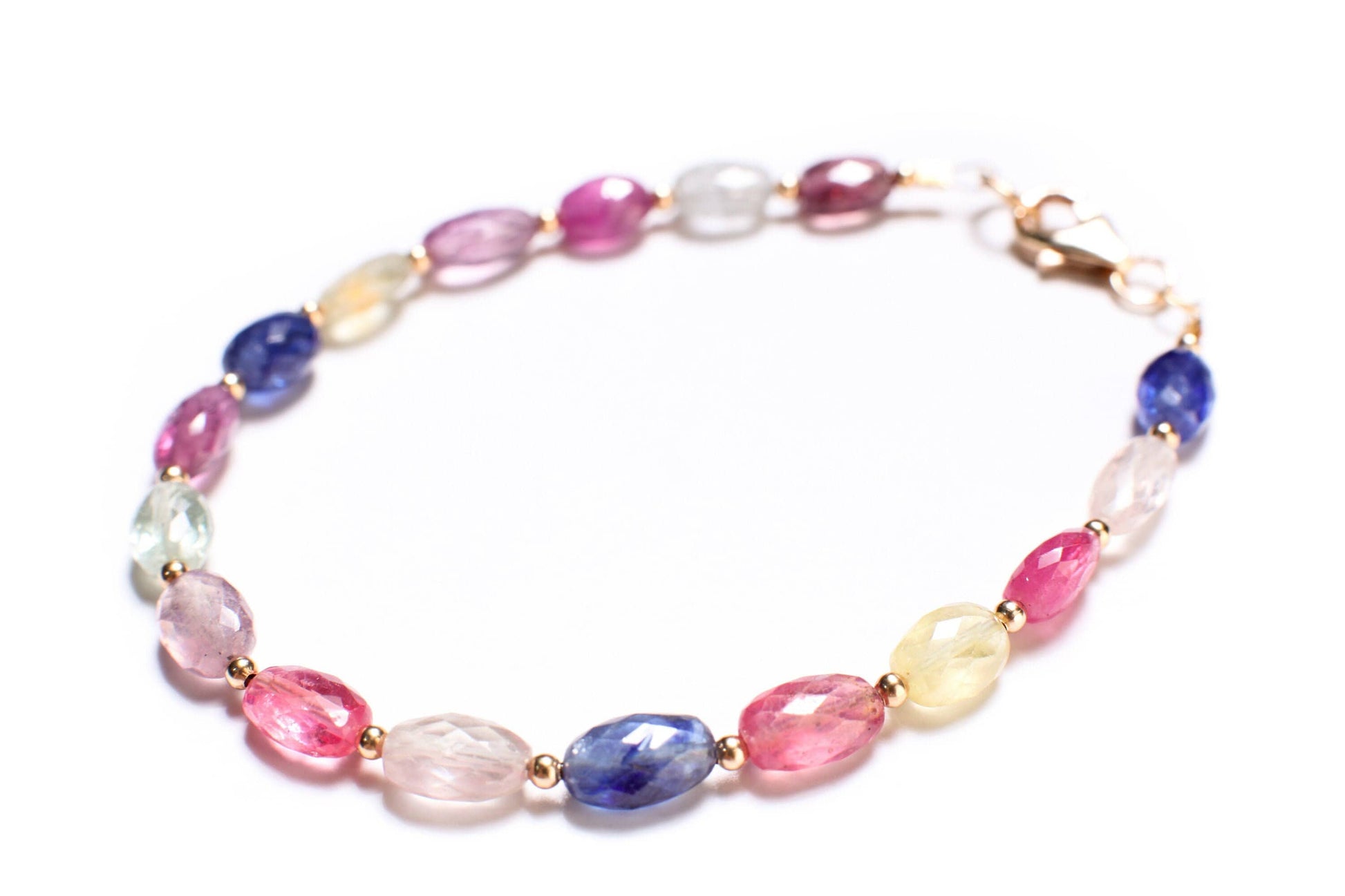 Natural Multi Sapphire 5x7mm Faceted Puffed Oval AAA clear quality Gemstone in 14k Gold Filled spacer and clasp Bracelet. Precious Gift .