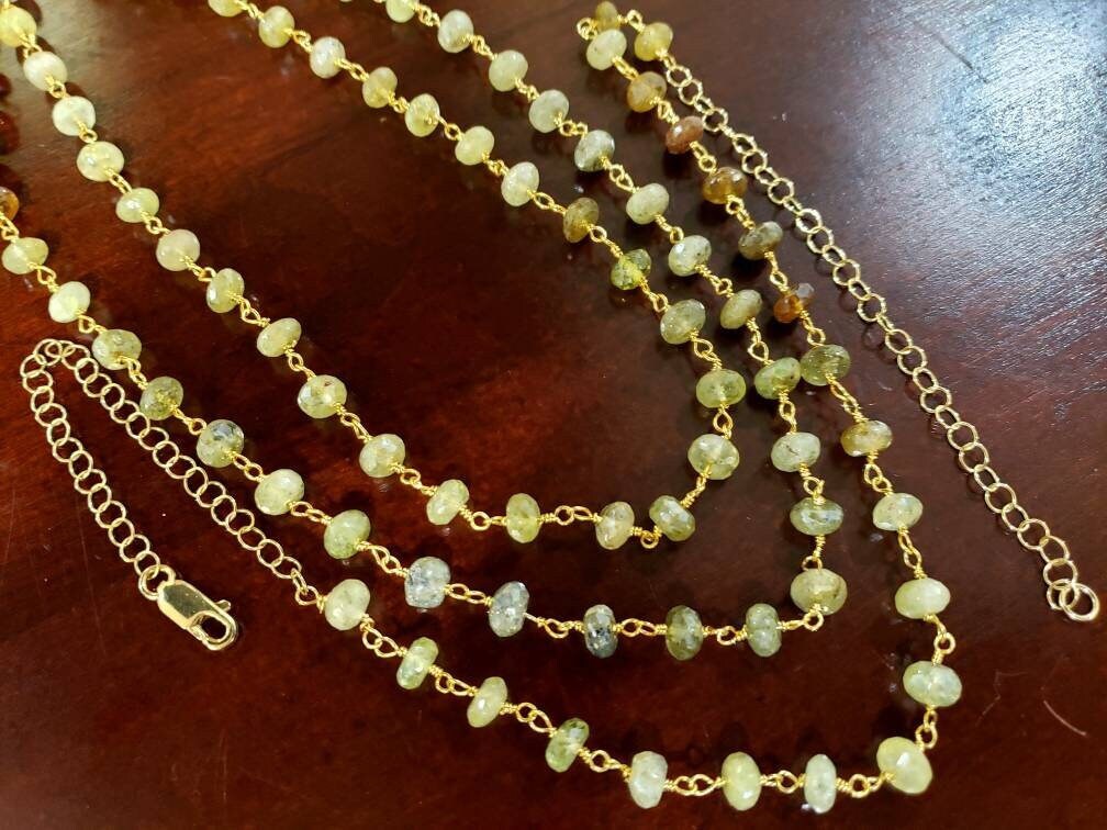 Natural Grossular Garnet, green garnet 6mm large Faceted Diamond Cut Roundel handmade wire wrapped in 14K Gold Filled Necklace.