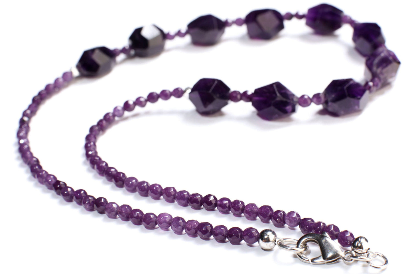 Natural Amethyst Purple Faceted Freeform tumble raw hexagon Gemstones , 4mm faceted Amethyst with Rhodium Lobster Clasps Necklace 20.5&quot;,