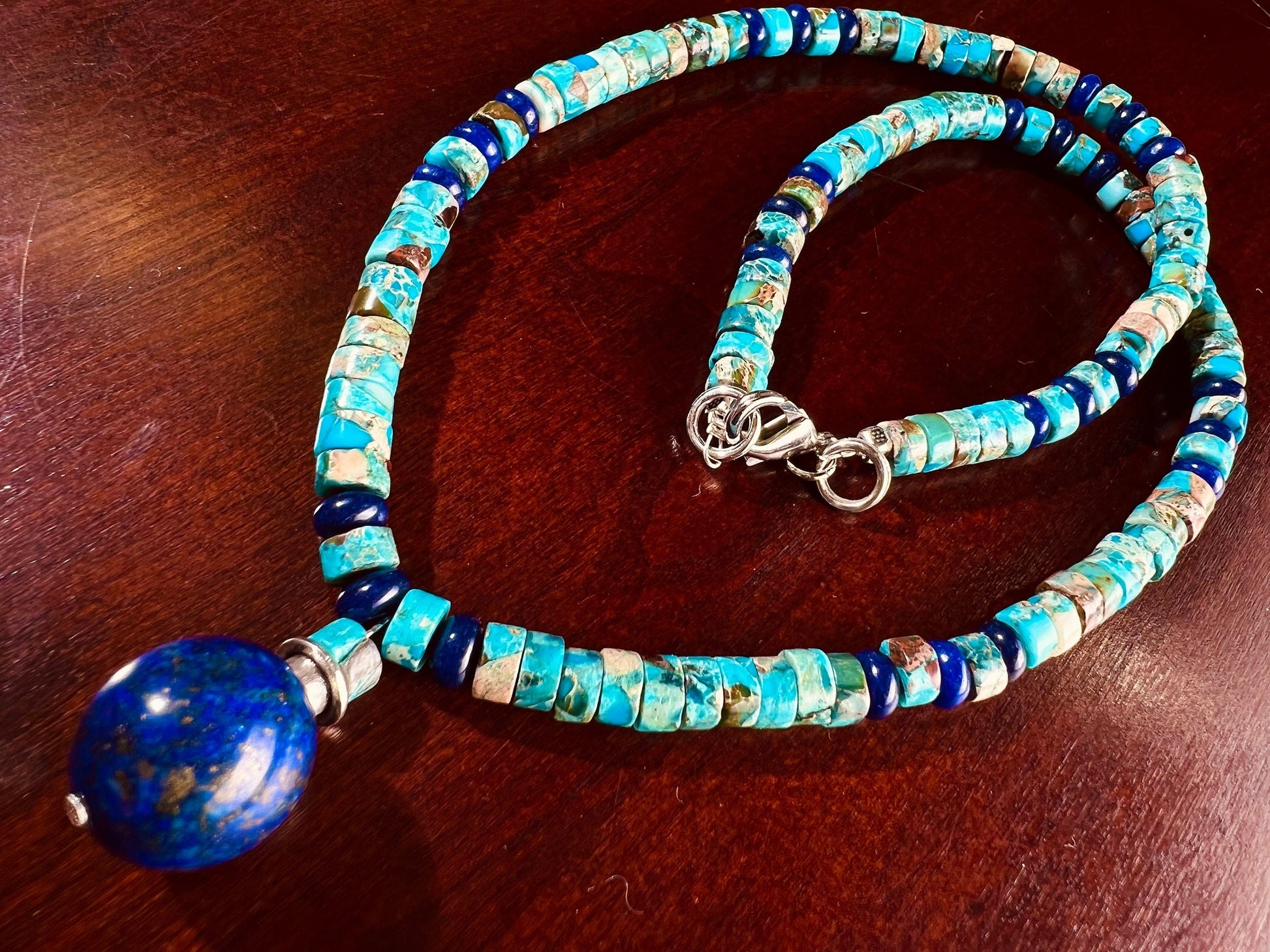 Lapis Lazuli and Turquoise Heishe Necklace, Lapis Roundel Spacer, Lapis Round 16mm Ball Centerpiece Pendant , beautiful gift 16"-30"