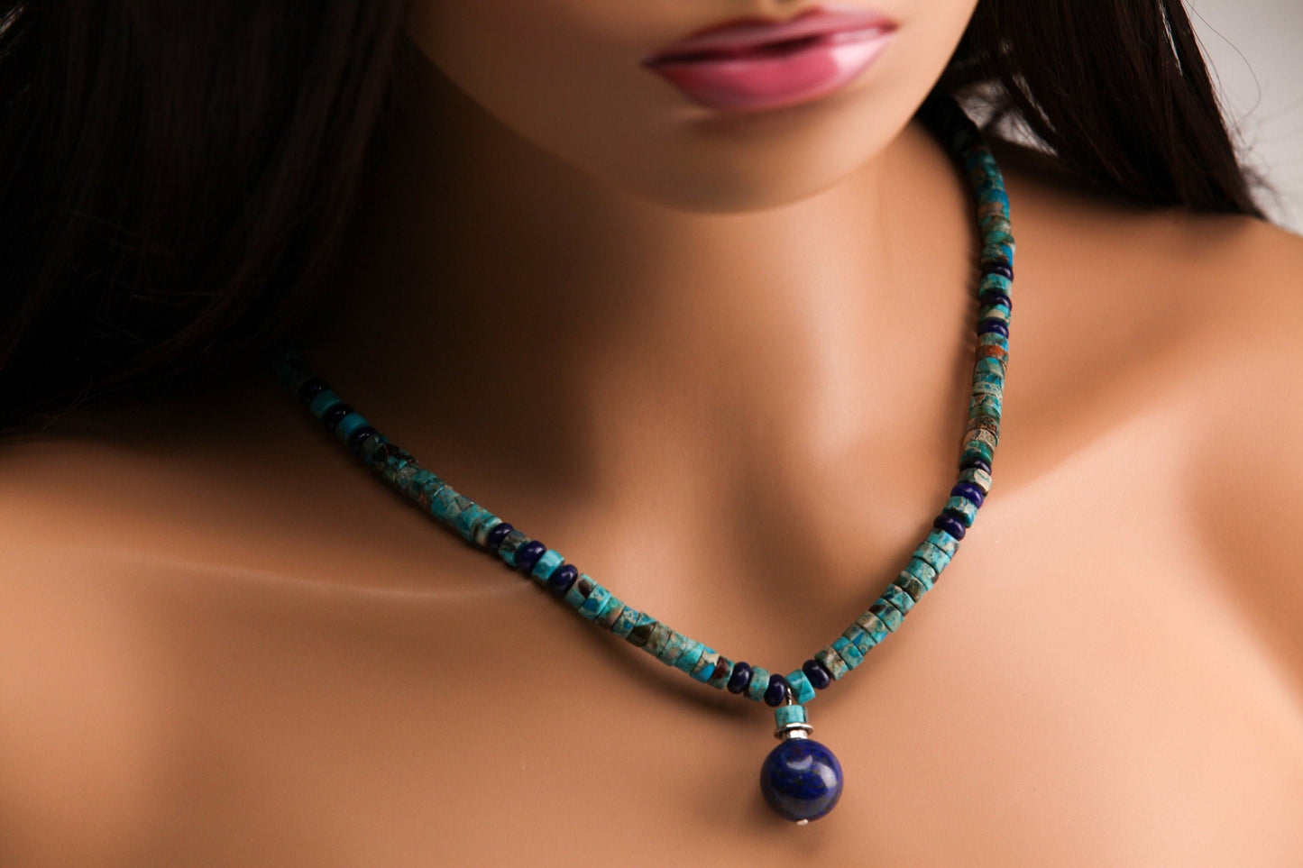 Lapis Lazuli and Turquoise Heishe Necklace, Lapis Roundel Spacer, Lapis Round 16mm Ball Centerpiece Pendant , beautiful gift 16&quot;-30&quot;