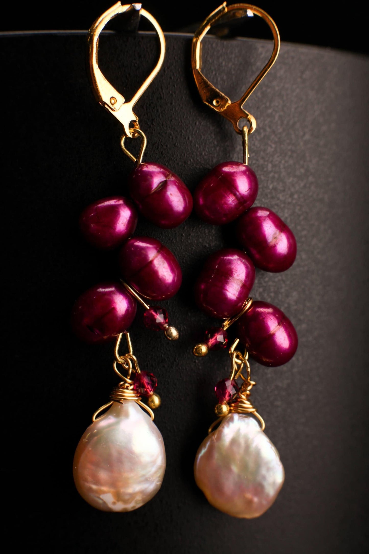 Freshwater Pearl Cascade Dangling Wire Wrap Handmade Gold Earrings, Peach Pink 12mm Coin Pearl ,Raspberry Red Pearl, Red Spinel Spacer