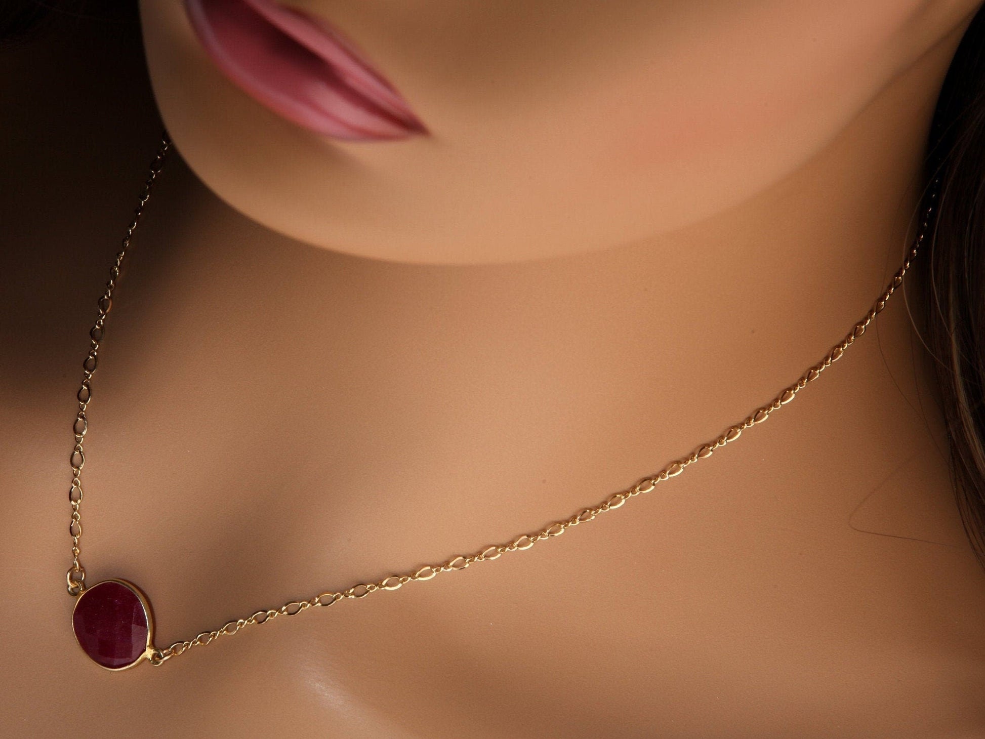 Ruby Gold Bezel Necklace, Natural Faceted Ruby Gold Bezel Charm in 14K Gold Filled Figure 8 Chain, Minimalist, Boho 16&quot; Handmade Necklace