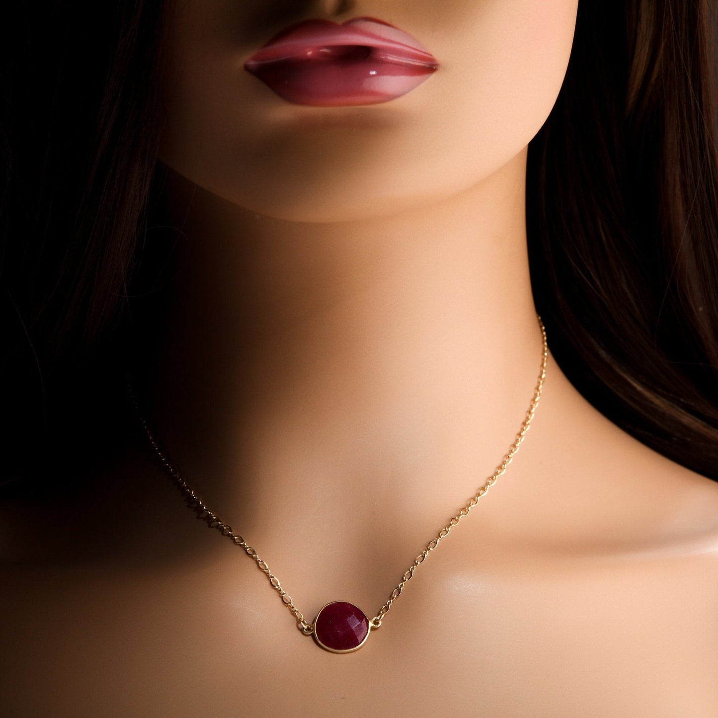 Ruby Gold Bezel Necklace, Natural Faceted Ruby Gold Bezel Charm in 14K Gold Filled Figure 8 Chain, Minimalist, Boho 16&quot; Handmade Necklace