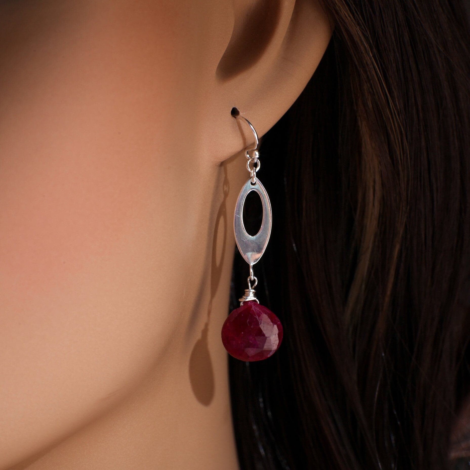 Natural Ruby Heart Briolette Earrings, Genuine Ruby Dangle Faceted Teardrop in 925 Sterling Silver Earwire or Leverback Earrings, Boho,Gift