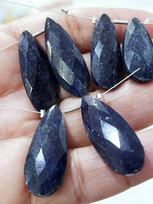 Lapis Lazuli long faceted flat pear drop, Natural blue lapis 25mm drop for earrings or pendant making healing gems, 2 pieces, 1 pair
