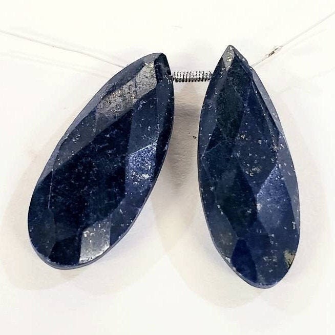 Lapis Lazuli long faceted flat pear drop, Natural blue lapis 25mm drop for earrings or pendant making healing gems, 2 pieces, 1 pair