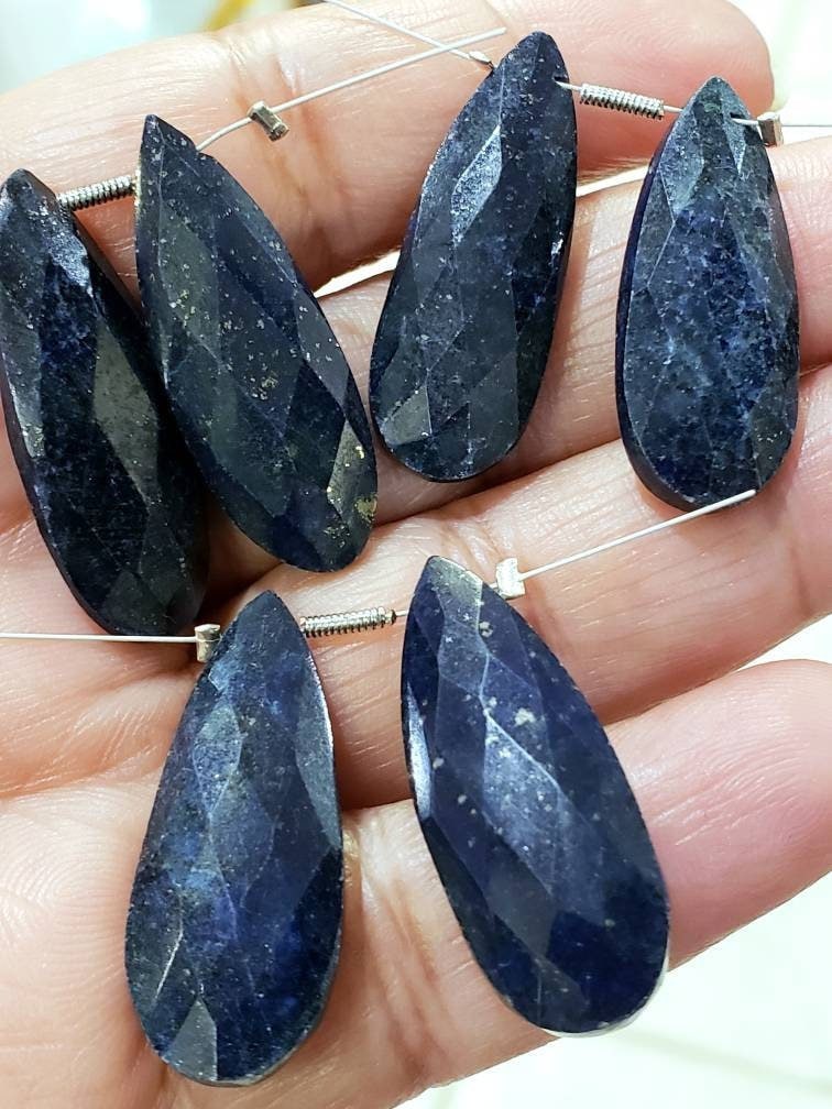 Lapis Lazuli long faceted flat pear drop, Natural blue lapis 25mm drop for earrings or pendant making healing gems, 2 pieces, 1 pair