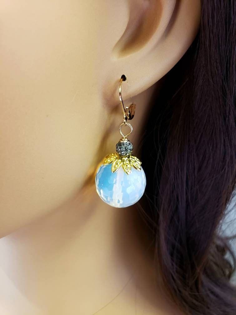 Huge Opalite Faceted Round 20mm large Bali Style Cap and Rhinestone Disco Ball glowing bead opalite Gold Leverback Earrings