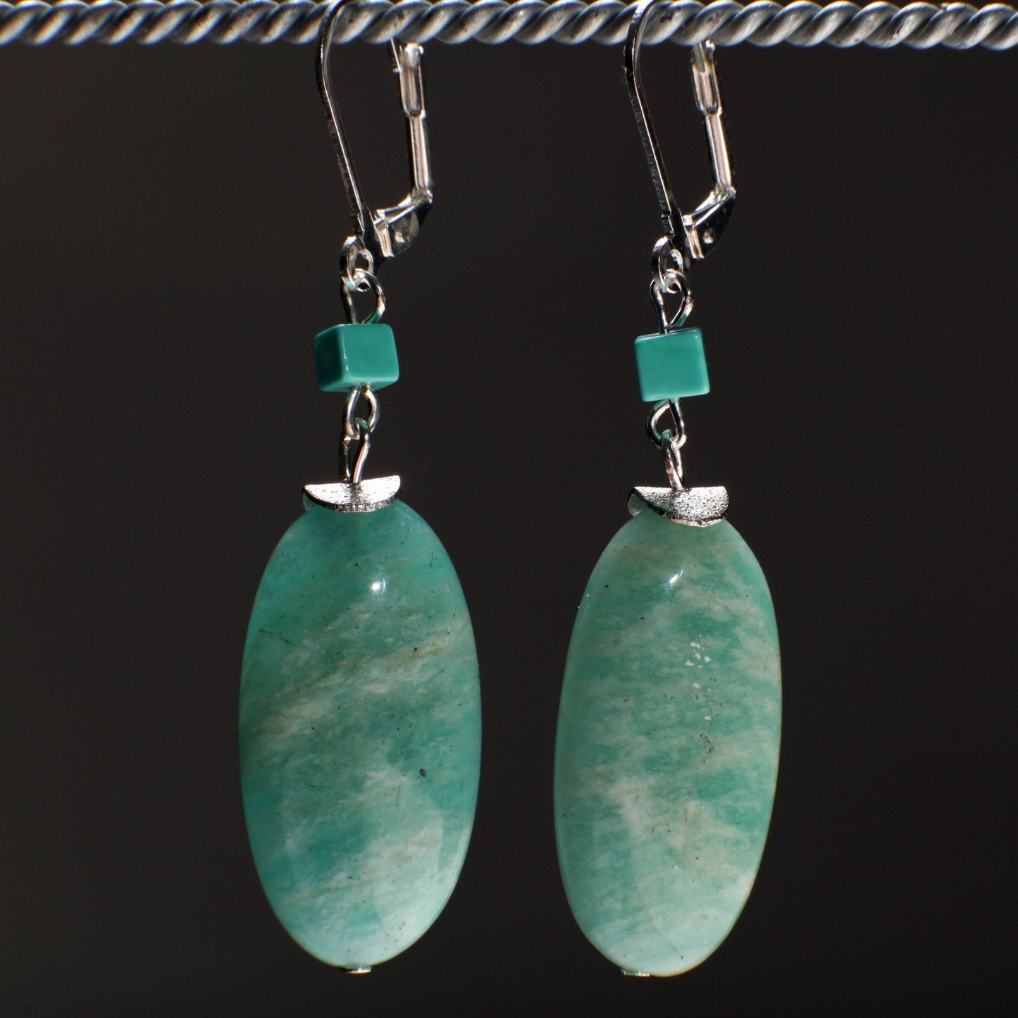 Natural Amazonite Earrings, Long Oval Earrings with Accents Turquoise Cube , silver Leverback