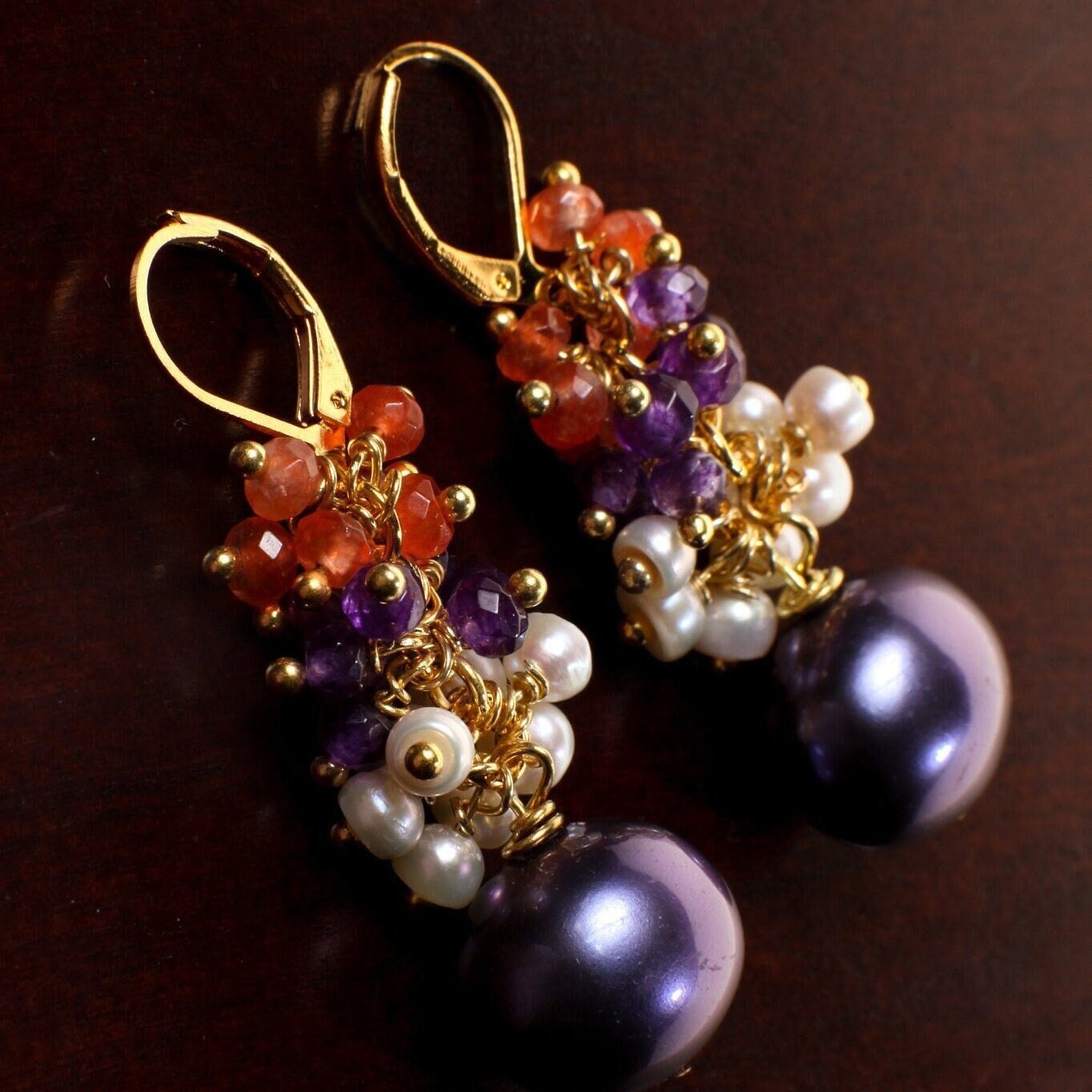 Multi Gemstones Clusters Earrings, Carnelian, Amethyst, Freshwater Pearl, Purple South Seashell Pearl Gemstone Leverback Earrings