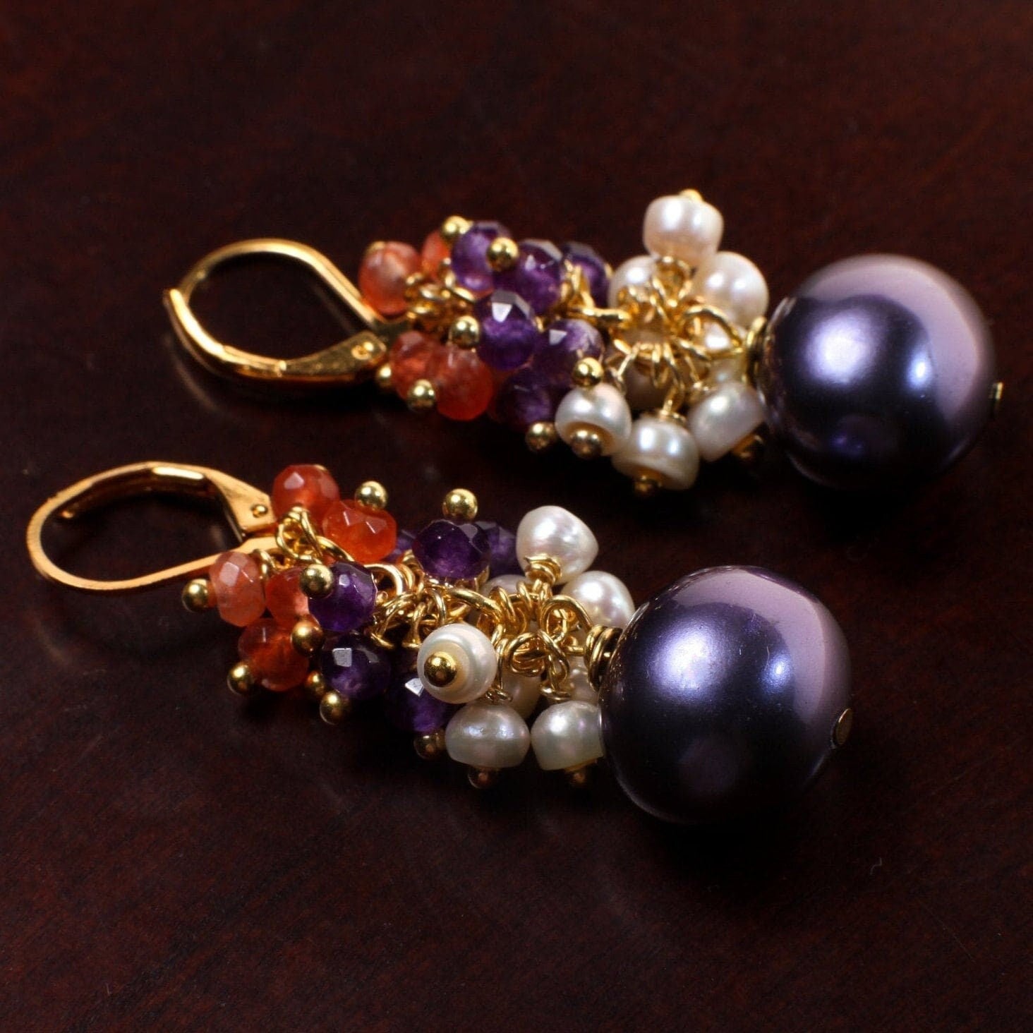 Multi Gemstones Clusters Earrings, Carnelian, Amethyst, Freshwater Pearl, Purple South Seashell Pearl Gemstone Leverback Earrings