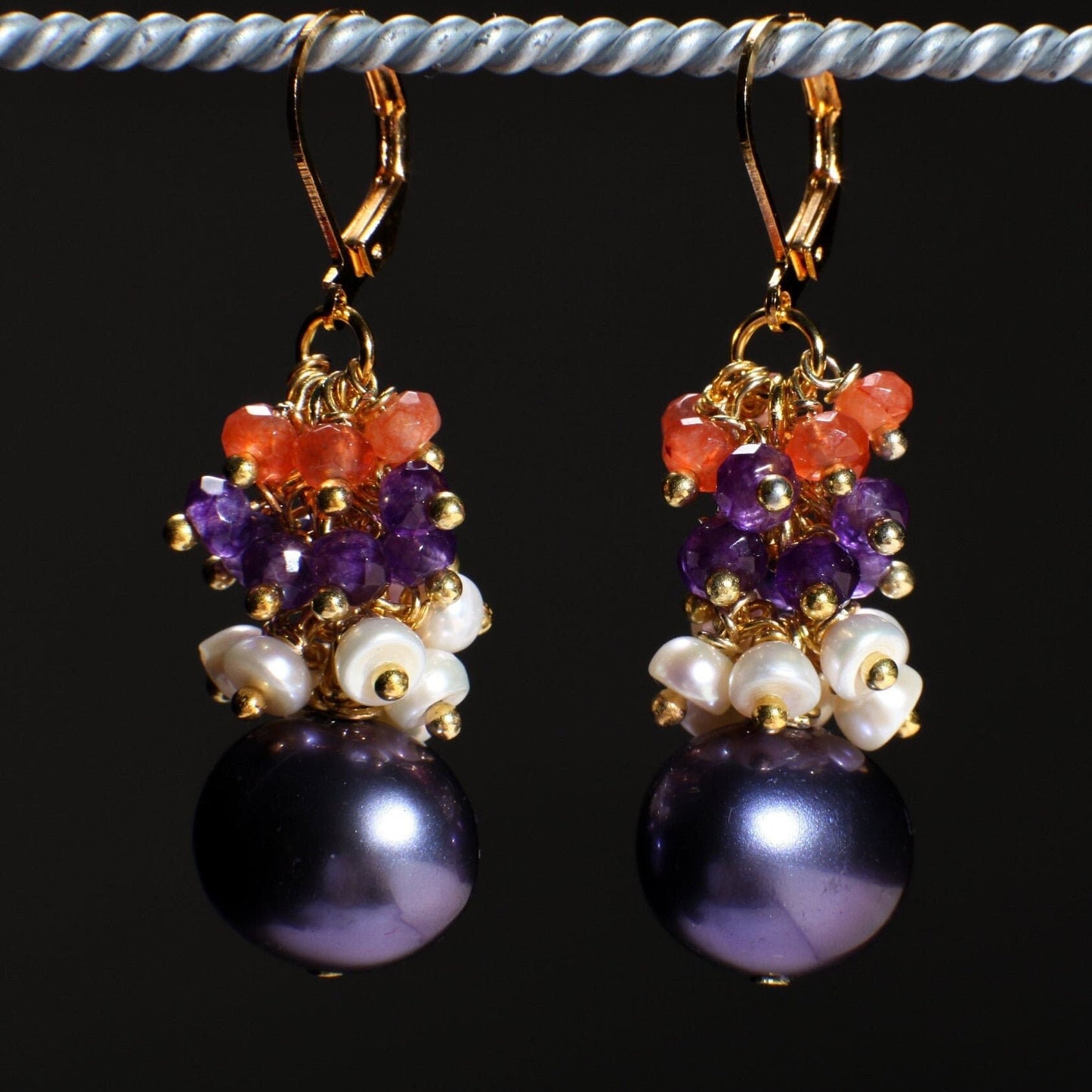 Multi Gemstones Clusters Earrings, Carnelian, Amethyst, Freshwater Pearl, Purple South Seashell Pearl Gemstone Leverback Earrings