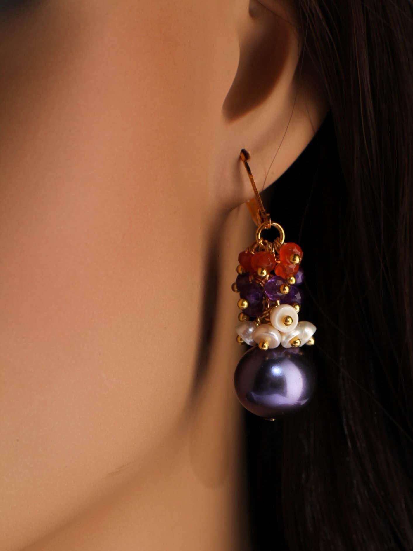 Multi Gemstones Clusters Earrings, Carnelian, Amethyst, Freshwater Pearl, Purple South Seashell Pearl Gemstone Leverback Earrings