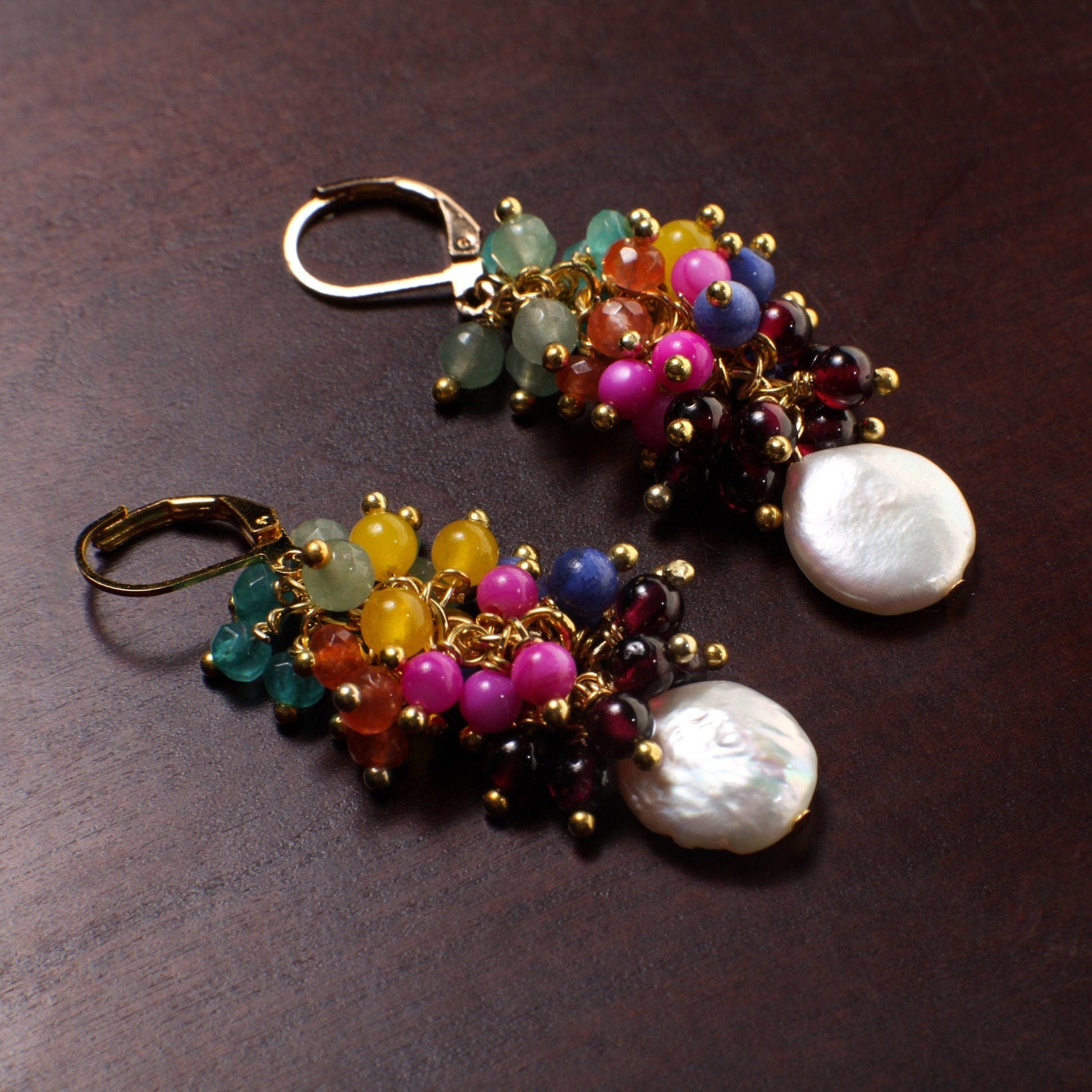 Multi Gemstones Freshwater Coin Pearl Dangle Lucky7 Clusters Apatite,Chalcedony, Aventurine, carnelian,MOP, Garnet rainbow earrings,gift