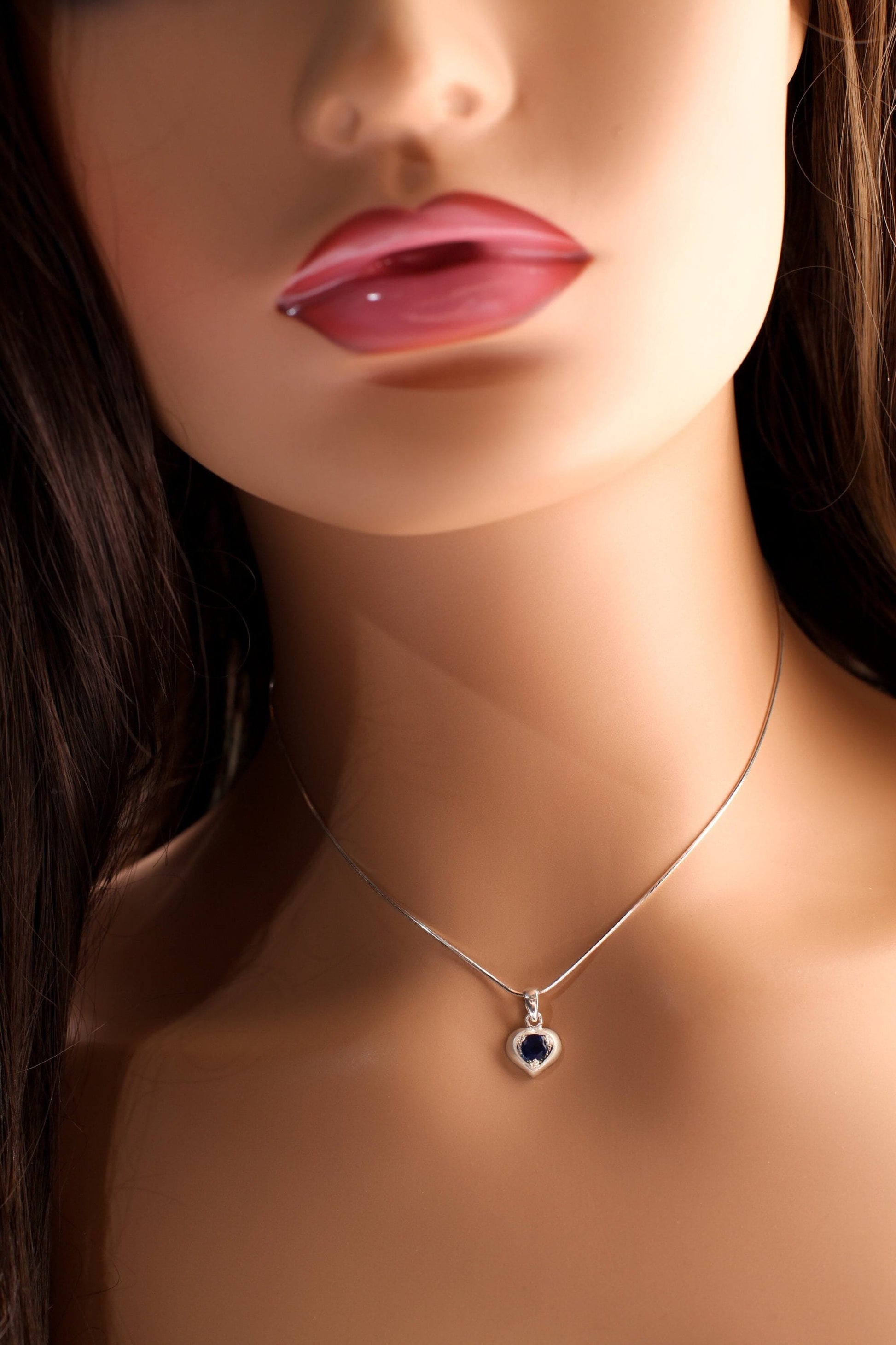 Blue Sapphire with Cubic Zirconia CZ Diamond 10mm Heart Pendant Matte with 925 Sterling Silver Italian chain Necklace in 16,18"