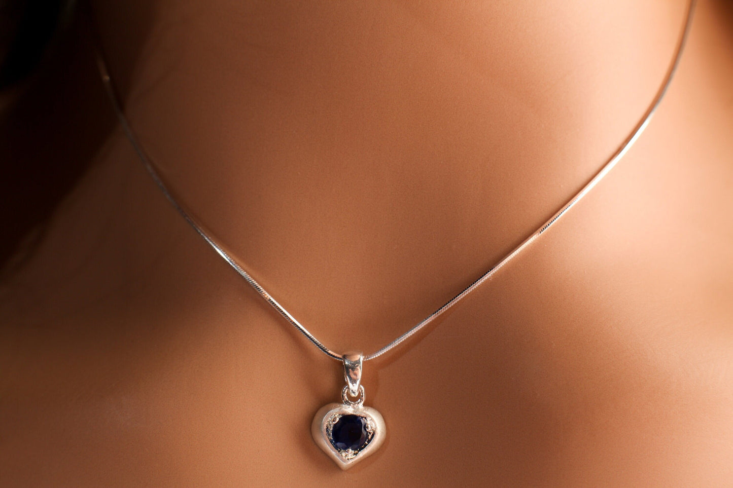Blue Sapphire with Cubic Zirconia CZ Diamond 10mm Heart Pendant Matte with 925 Sterling Silver Italian chain Necklace in 16,18"