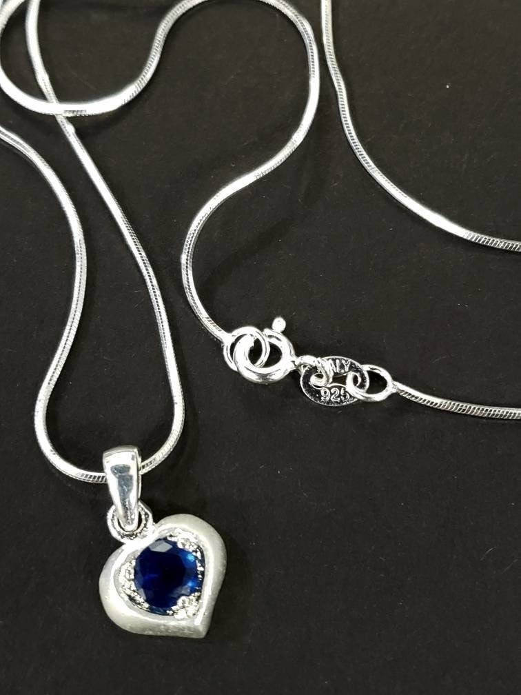 Blue Sapphire with Cubic Zirconia CZ Diamond 10mm Heart Pendant Matte with 925 Sterling Silver Italian chain Necklace in 16,18"